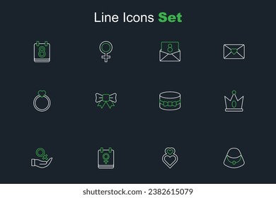 Set line Handbag, Heart, Calendar with 8 March, Female gender symbol, King crown, Gift box heart, bow and Diamond engagement ring icon. Vector