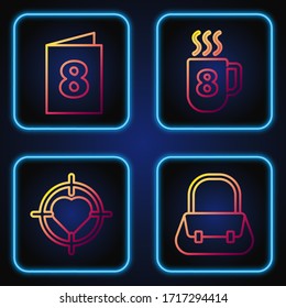 Set line Handbag, Heart in the center of target aim, Greeting card with 8 March and Coffee cup with 8 March. Gradient color icons. Vector