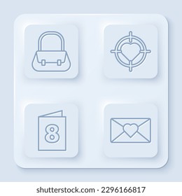 Set line Handbag, Heart in the center of target aim, Greeting card with 8 March and Envelope with 8 March. White square button. Vector