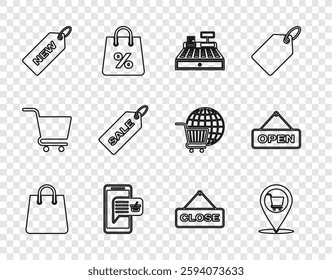 Set line Handbag, Location shopping cart, Cash register machine, Mobile basket, Price tag with New, Sale, Hanging sign Close and Open door icon. Vector