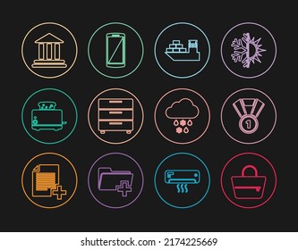 Set Line Handbag, Medal, Cargo Ship, Furniture Nightstand, Toaster With Toasts, Bank Building, Cloud Snow Rain And Smartphone, Mobile Phone Icon. Vector