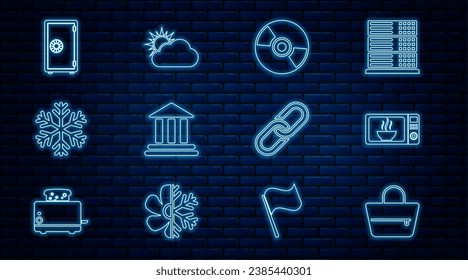 Set line Handbag, Microwave oven, CD or DVD disk, Bank building, Snowflake, Safe, Chain link and Sun cloud weather icon. Vector