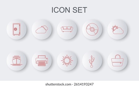 Set line Handbag, Ship, Sofa, USB, Safe, Cloud, Printer and Sun icon. Vector