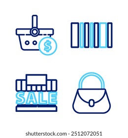 Set line Handbag, Shopping building sale, Barcode and basket dollar icon. Vector