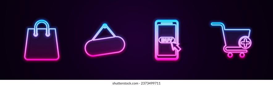 Set line Handbag, Signboard hanging, Mobile shopping cart and Add to Shopping. Glowing neon icon. Vector