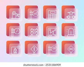 Transportación de vagón de mano, signo de exclamación en cuadrado, mapa de ferrocarril, ubicación del restaurante del café, final de las Pistas de ferrocarril, tablero de la estación de tren, torniquete e ícono de inodoro. Vector