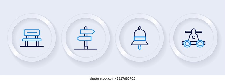 Set line Handcar transportation, Train station bell, Road traffic sign and Waiting hall icon. Vector