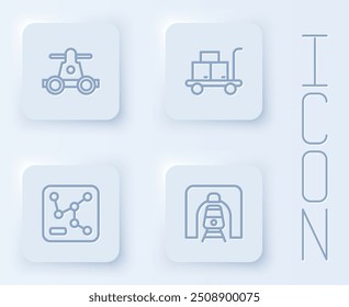 Set line Handcar transporte, maleta de la carretilla, mapa del ferrocarril y tren en túnel ferroviario. Botón cuadrado blanco. Vector