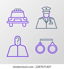 Set line Handcuffs, Anonymous with question mark, Police officer and car flasher icon. Vector