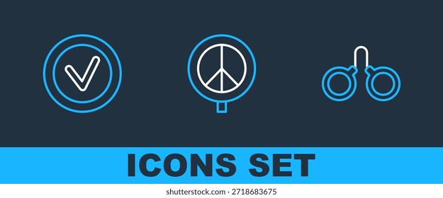 Set line Handcuffs, Check mark in round and Peace icon. Vector