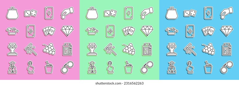 Set line Handcuffs, Deck of playing cards, Diamond, Playing with diamonds, clubs, Joker, Wallet and  icon. Vector