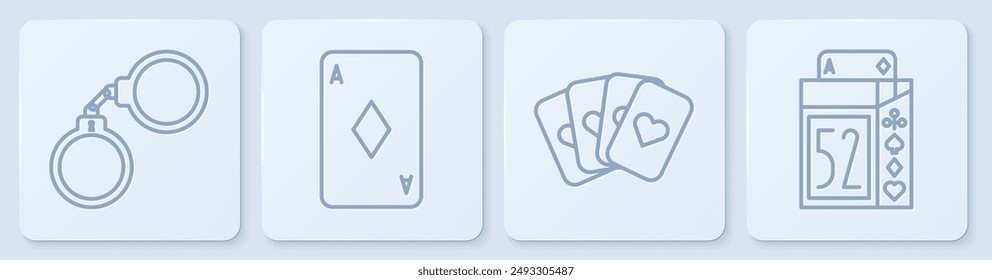 Set Linie Handschellen, Deck der Spielkarten, Spielkarte mit Diamanten und Deck der Spielkarten. Weißes quadratisches Button. Vektorgrafik