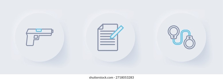 Definir linha Algemas, Caneta de documento e Pistola ou ícone de arma. Vetor