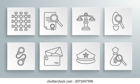 Set line Handcuffs, Document with search, Envelope, Police cap cockade, Money bag magnifying glass, Scales of justice, Magnifying footsteps and Prison window icon. Vector