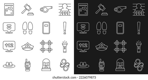 Set line Handcuffs, Flashlight, Baseball bat, Whistle, Footsteps, Police badge, Plastic bag of drug and assault shield icon. Vector