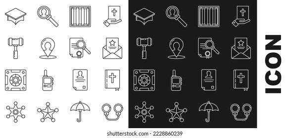 Set line Handcuffs, Holy bible book, The arrest warrant, Prison window, Map marker with silhouette of person, Judge gavel, Graduation cap and Document search icon. Vector