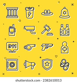 Set Line Handschellen, Human Target Sports for Shooting, Bullet-dichte Weste, Sheriff-Hut mit Abzeichen, Security-Kamera, Walkie Talkie, Gefängnis-Fenster und Judge Gavel-Symbol. Vektorgrafik