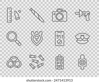 Esposas de línea fija, deporte objetivo humano para disparar, cámara de fotos, bala, carcasa con Regla, insignia de la policía, dictáfono e ícono de la escarapela de la gorra. Vector