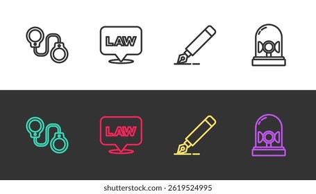 Set line Handcuffs, Location law, Fountain pen nib and Flasher siren on black and white. Vector