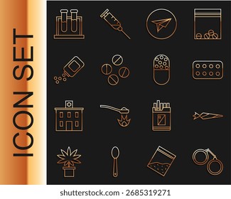 Esposas, articulación de la marihuana, paquete de la ampolla de las píldoras, mensajero, píldora o tableta de la medicina, píldoras de la botella, frasco e icono del tubo de ensayo. Vector