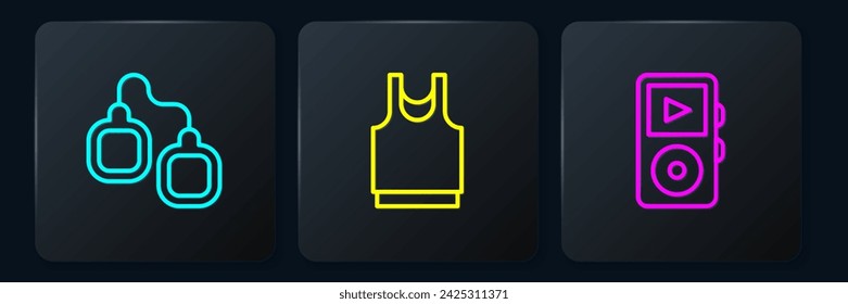 Set line Handcuffs, Music player and Undershirt. Black square button. Vector