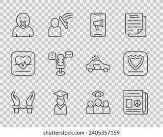Set line Handcuffs on hands of criminal, News, Protest, Graduate graduation cap, Censor freedom speech, Freedom, Spy, agent and Shield icon. Vector