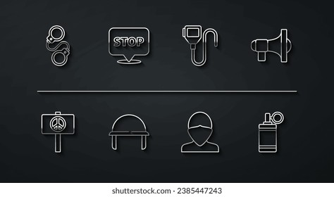 Set line Handcuffs, Peace, Megaphone, Vandal, Military helmet, Protest, grenade and Walkie talkie icon. Vector