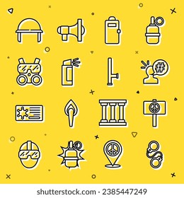 Set line Handcuffs, Peace, Protest, Police assault shield, Pepper spray, Gas mask, Military helmet and rubber baton icon. Vector