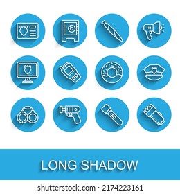 Set line Handcuffs, Police electric shocker, badge with id case, Flashlight, Walkie talkie, cap cockade and Donut icon. Vector