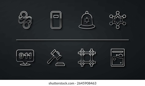 Set line Handcuffs, Telefonema 911, Xerife Hexagram, janela da prisão, Gavel juiz, Escudo de assalto da polícia, Saco de plástico de droga e ícone do capacete da polícia britânica. Vetor