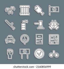 Set Line Handcuffs, Television Report, Gas Mask, Broken Bottle Weapon, Air Horn, Police Rubber Baton, Traffic Jam And Judge Gavel Icon. Vector