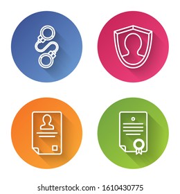 Set line Handcuffs, User protection, Identification badge and Certificate template. Color circle button. Vector