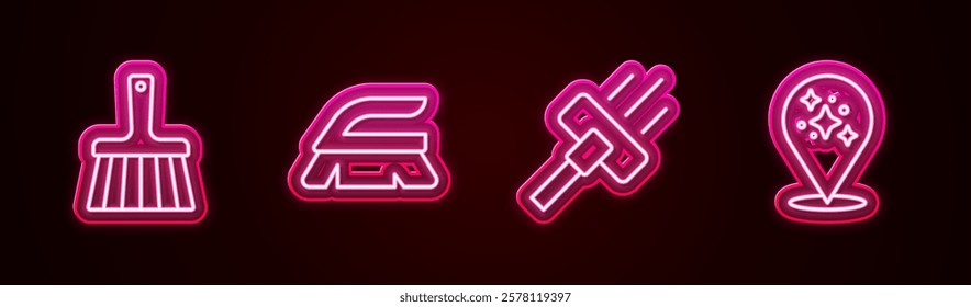 Set line Handle broom, Brush for cleaning, Vacuum cleaner and Home service. Glowing neon icon. Vector