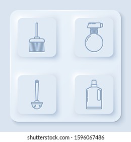 Set line Handle broom , Cleaning spray bottle with detergent liquid , Toilet brush  and Plastic bottles for liquid dishwashing liquid. White square button. Vector