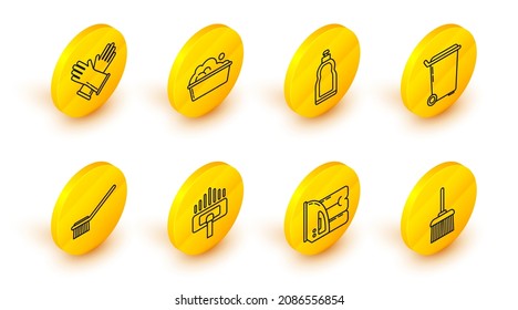Set-Line Handbroom, Elektrisches Eisen-Handtuch, Staubsauger, Toilettenbürste, Mülltonne, Plastikflaschen für Flüssiggeschirrspülmittel, Waschbecken mit Seifensuiten und Gummihandschuhe-Symbol. Vektorgrafik