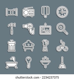 Set line Handle broom, Gamepad, Frying pan, Cutting board, Hair dryer, Hammer, Bed and Picture icon. Vector