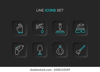 Set line Handle broom, Garbage bag, Wine glass, Portable vacuum cleaner, Brush for cleaning, Rubber windows, Water tap and gloves icon. Vector