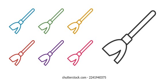Establecer el icono de la escoba de la línea Manejar aislado en el fondo blanco. El concepto de servicio de limpieza. Indique los iconos en colores. Vector