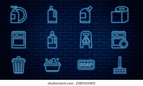 Set line Handle broom, Kitchen dishwasher machine, Bottles for cleaning agent, Fabric softener, Dishwashing liquid bottle plate, Wet floor progress and  icon. Vector