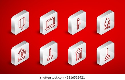 Set line Handle broom, Laptop, Knife, Office chair, Trash can, Cutting board, Rubber plunger and Electric kettle icon. Vector
