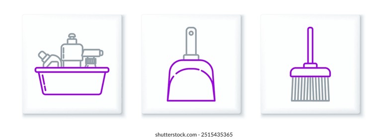 Set line Maneja la escoba, botellas de plástico para líquido lavavajillas líquido e icono Dustpan. Vector