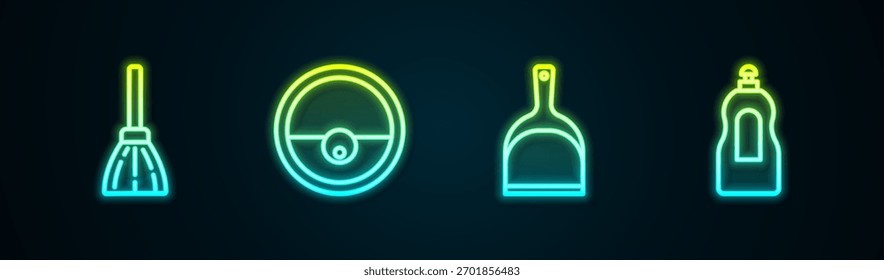 Set line Handle vassoura, aspirador de pó robô, Dustpan e garrafa líquida de lavar louça. Ícone de néon brilhante. Vetor