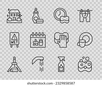 Set line Handle broom, Sponge, Washing dishes, Shower head, Home cleaning service, Cleaning calendar, spray bottle and  icon. Vector