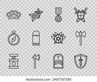 Fijar el detonador de la manija para dinamita, escudo medieval con espada, medalla de recompensa militar, hacha, nudillos de bronce, cartuchos, chevron e ícono. Vector