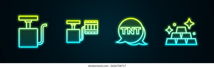Set línea Mango detonador, Dynamite y barras de oro. Icono de neón brillante. Vector