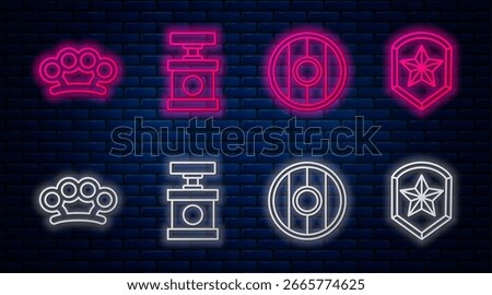 Set line Handle detonator for dynamite, Round wooden shield, Brass knuckles and Police badge. Glowing neon icon on brick wall. Vector