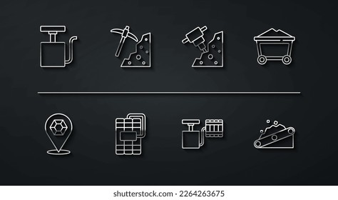 Set line Handle detonator, Gem stone, Mine coal trolley, Dynamite, Pickaxe, Conveyor belt carrying and Construction jackhammer icon. Vector