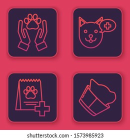 Set line Hands with animals footprint, Bag of food for dog, Veterinary clinic symbol and Veterinary clinic symbol. Blue square button. Vector