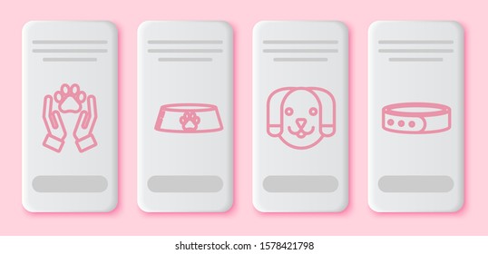 Set line Hands with animals footprint, Pet food bowl for cat or dog, Dog and Collar with name tag. White rectangle button. Vector