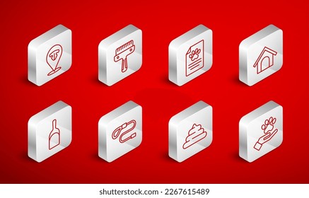 Set line Hands with animals footprint, Hair brush for dog cat, Clinical record pet, Dog house, Shit, Cat nose, Retractable leash and Dustpan icon. Vector